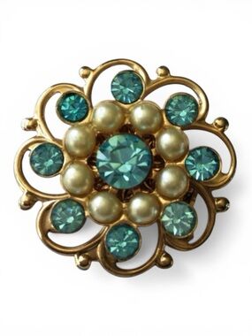 Vintage MCM Gold‑Tone Filigree Flower Brooch Turquoise Rhinestones & Faux Pearls